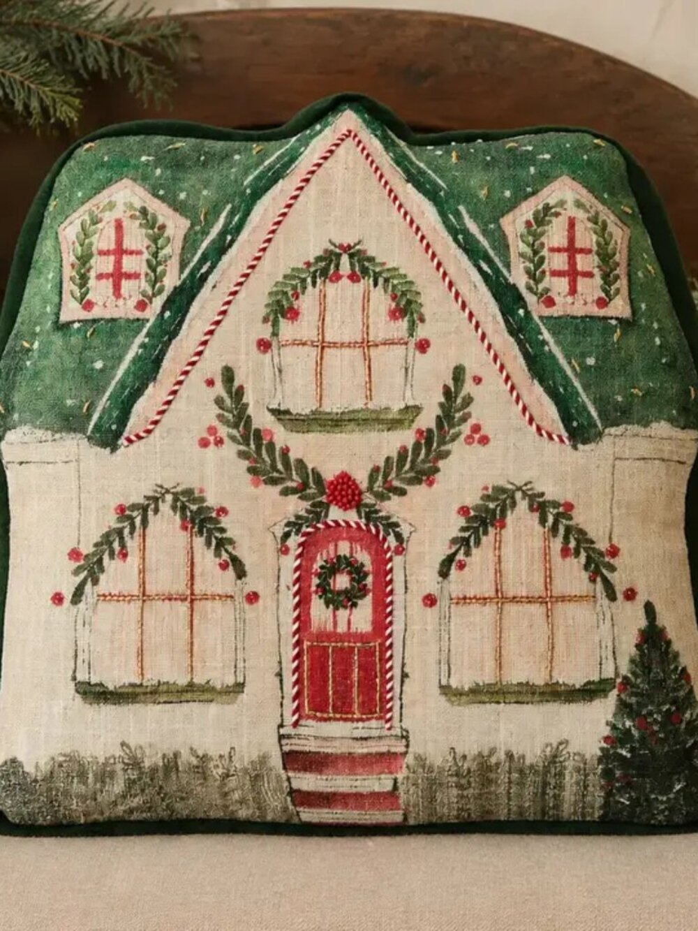 Christmas Cottage Shaped Pillow Beaded 14x14 NEW